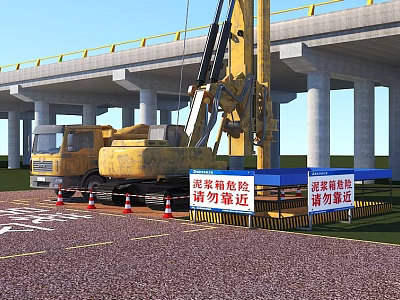 Road Infrastructure Construction Site With Bridge Crane Warning Signs And Traffic Cones 3d model