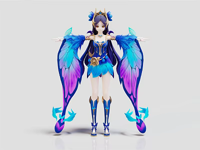3D Fantasy Female Character With Blue Purple Wings And Creature Inspired Costume Design 3d model