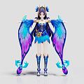 3D Fantasy Female Character With Blue Purple Wings And Creature Inspired Costume Design