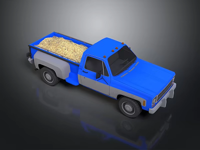 Blue Pickup Truck Loaded With Yellow Grain On Dark Reflective Surface 3d model