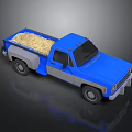 Blue Pickup Truck Loaded With Yellow Grain On Dark Reflective Surface