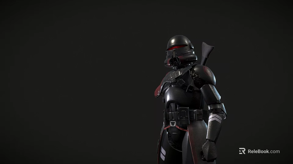 Sci Fi Warrior In Black Armor With Red Accents Standing In Profile And Back Weapon 3d model 