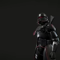 Sci Fi Warrior In Black Armor With Red Accents Standing In Profile And Back Weapon