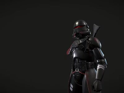 Sci Fi Warrior In Black Armor With Red Accents Standing In Profile And Back Weapon 3d model