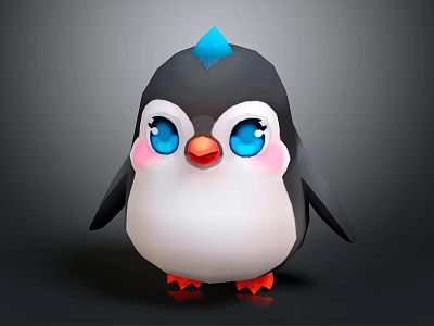 Cute Penguin Character With Blue Tuft Big Blue Eyes Pink Cheeks And Orange Feet 3d model