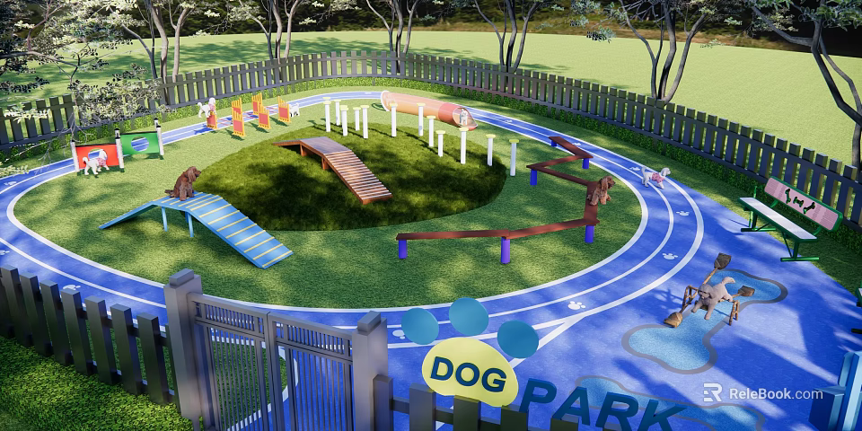 Residential Dog Park with Fenced Grass Area Track and Wooden Structures 3d model 