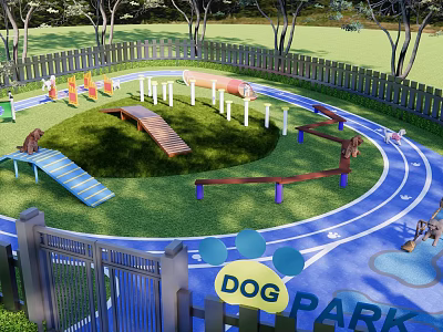 Residential Dog Park with Fenced Grass Area Track and Wooden Structures 3d model