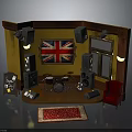 Vintage Music Stage Setup With Union Jack Speakers Drum Set Chair And Red Rug