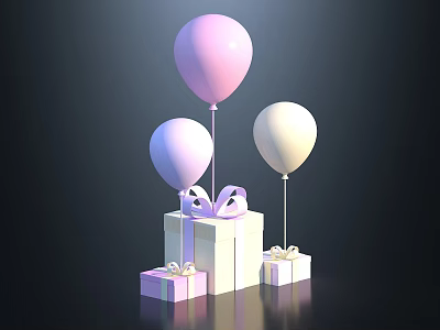 Pink Lavender And White Balloons With Gift Boxes And Purple Bows On Dark Background 3d model