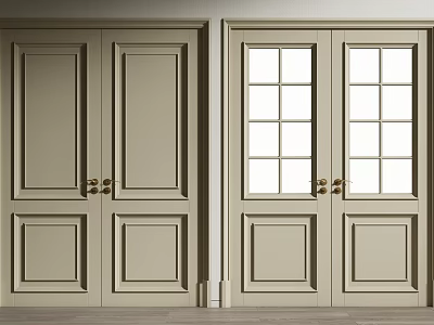 Light Colored Wooden Double Doors With Glass Panels And Golden Handles 3d model