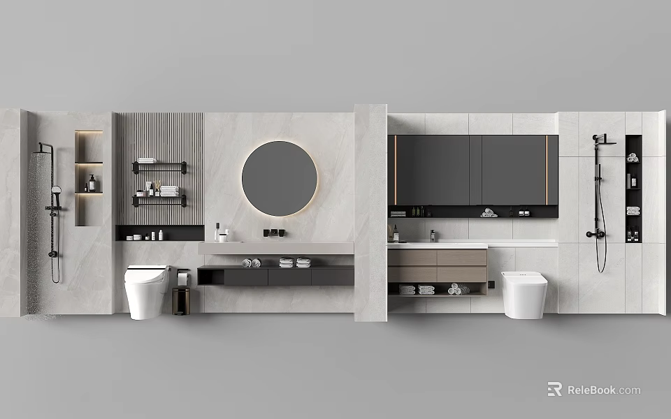 Elegant Modern Bathroom Vanity With Marble Countertop Round Mirror And Storage 3d model 