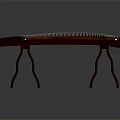 Traditional Chinese Guzheng Wooden Musical Instrument With Red Strings And Stand On Dark Background