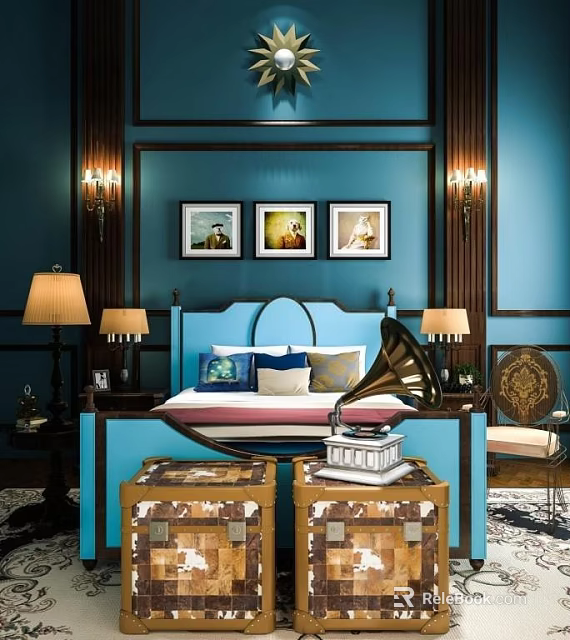 Elegant Background Double Bed in Blue Wall with Framed Art Table Lamps and Vintage Trunks 3d model 