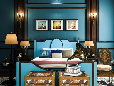 Elegant Background Double Bed in Blue Wall with Framed Art Table Lamps and Vintage Trunks 3d model