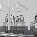 Digital Content Cloud And Design Robot Exhibition Space With Workstations Screens And Artworks