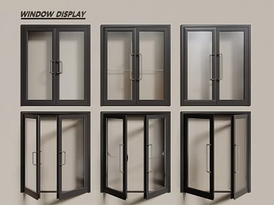 Casement Windows Display With Black Frames Handles In Open And Closed States 3d model