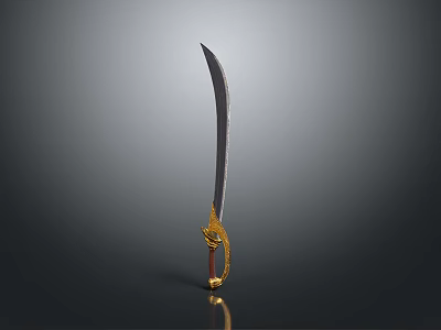 Traditional Scimitar Weapon With Long Thin Curved Blade Golden Decorated Hilt And Red Grip 3d model
