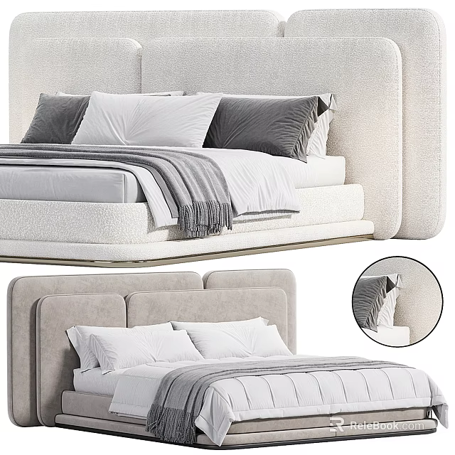 Modern Upholstered Double Bed With Soft Pillows And Cozy Gray Blanket 3d model 