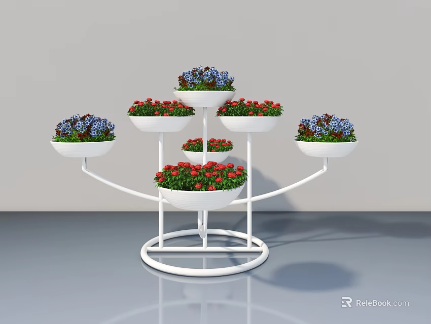 Elegant Multi tiered White Flower Stand with Red and Blue Potted Flowers 3d model 