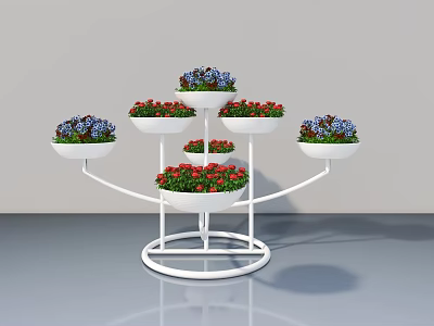 Elegant Multi tiered White Flower Stand with Red and Blue Potted Flowers 3d model