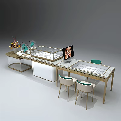 Modern Jewelry Display Shelves With Glass Cases Stools And Decorative Flowers 3d model