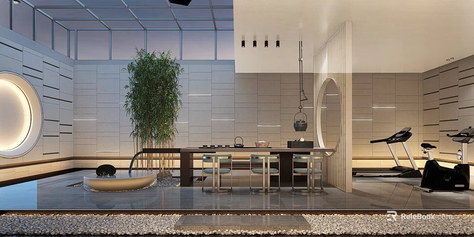 Modern Zen Tea Room With Long Table Bamboo And Circular Design 3d model 