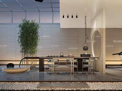 Modern Zen Tea Room With Long Table Bamboo And Circular Design 3d model