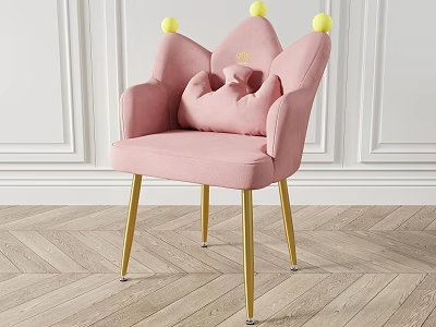Cute Pink Upholstered Dining Chair With Golden Legs And Yellow Pom Poms On Backrest 3d model