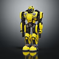 Yellow Mechanical Robot Character With Black Armor Standing On Reflective Surface 3d model