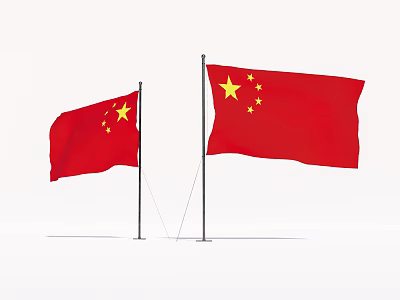 Two Chinese National Flags Flying With Red Background And Yellow Stars 3d model