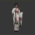 White Kimono With Floral Patterns And Red Obi Worn By Person