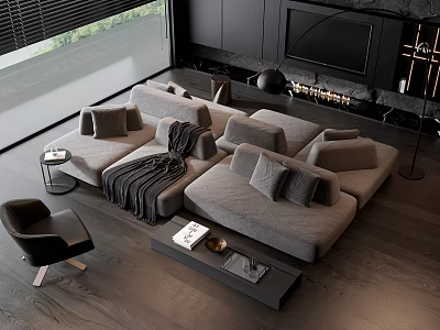 Modern Gray Sectional Sofa with Pillows Throw Blanket and Coffee Table in Living Room 3d model