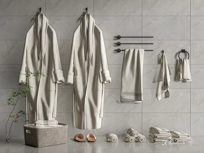 Soft Towels And Cozy Robes Arranged With Slippers On Gray Tiled Wall 3d model 
