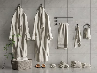 Soft Towels And Cozy Robes Arranged With Slippers On Gray Tiled Wall 3d model