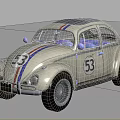 Volkswagen Beetle Car With White Body Red And Blue Stripes And Number 53