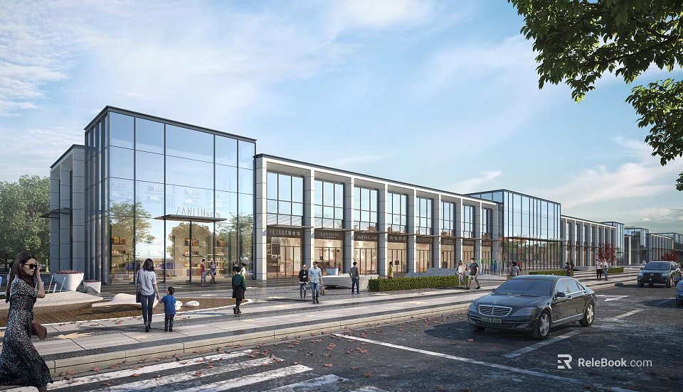 Modern Commercial Street With Glass Curtain Wall Storefronts Walking Pedestrians Parked Cars And Street Greenery 3d model 