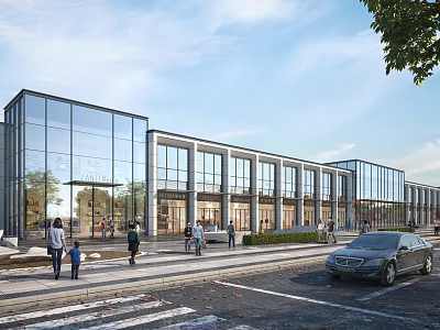 Modern Commercial Street With Glass Curtain Wall Storefronts Walking Pedestrians Parked Cars And Street Greenery 3d model