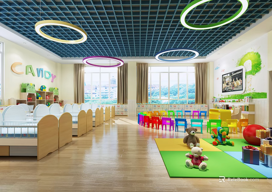Bright Kindergarten Interior With Wooden Beds Colorful Chairs Toys Green Carpet And Circular Lights 3d model 