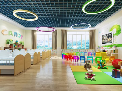 Bright Kindergarten Interior With Wooden Beds Colorful Chairs Toys Green Carpet And Circular Lights 3d model