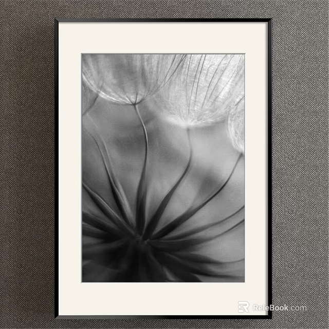 Black and White Dandelion Botanical Painting with Framed Design for Home Wall Art 3d model 