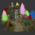 Cartoon Scene With Cozy Cottage Pine Trees Rocky Ground And Gravel Path