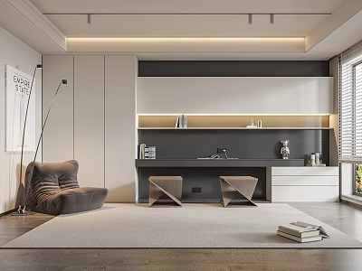 Modern Study Room Interior With Cozy Chair Desk Cabinets And Books 3d model