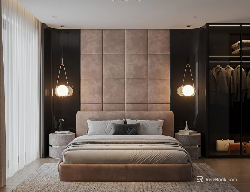 Modern Luxury Bedroom Interior With Tufted Headboard Pendant Lights Beige Bed Gray Curtains And Wardrobe 3d model 