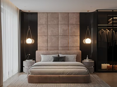 Modern Luxury Bedroom Interior With Tufted Headboard Pendant Lights Beige Bed Gray Curtains And Wardrobe 3d model