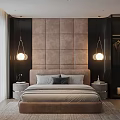 Modern Luxury Bedroom Interior With Tufted Headboard Pendant Lights Beige Bed Gray Curtains And Wardrobe