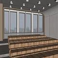 Modern Conference Room With Large Ocean Theme Screen Wooden Stepped Seats And Ceiling Lights