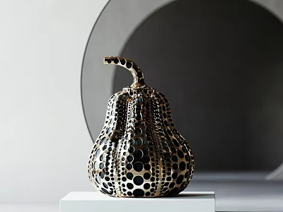 Modern Art Pumpkin Shaped Sculpture Carving With Black Dot Pattern On White Pedestal 3d model