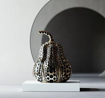 Modern Art Pumpkin Shaped Sculpture Carving With Black Dot Pattern On White Pedestal 3d model