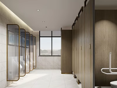 Modern Public Restroom With Wooden Cubicles Large Windows Clean Sinks And White Handrails 3d model