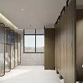 Modern Public Restroom With Wooden Cubicles Large Windows Clean Sinks And White Handrails